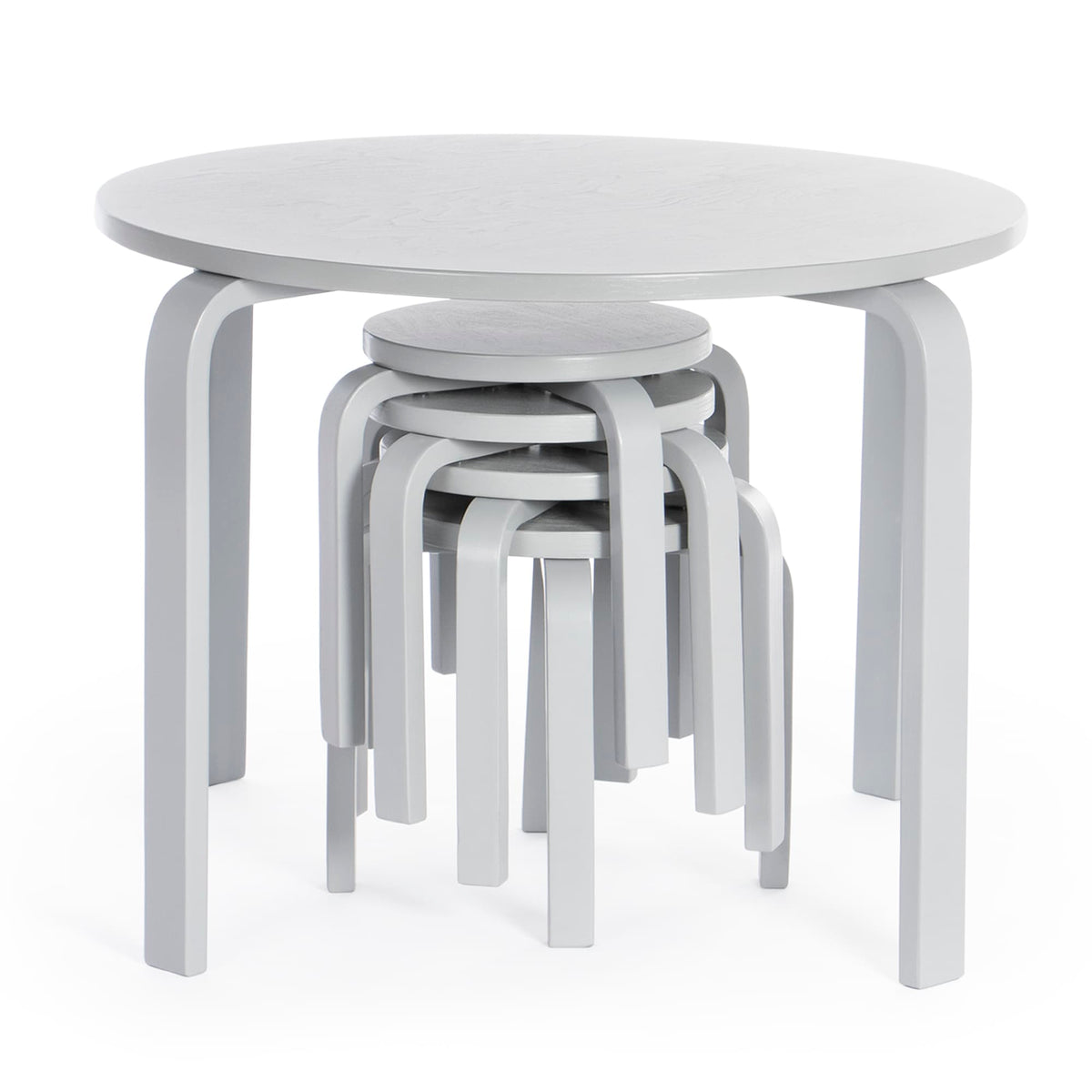 G81047 Nordic Table and Chairs Set Gray Product Stacked Chairs under Table | Gray
